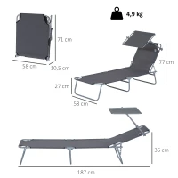 Outsunny Transat Bain de Soleil Pliable Chaise Longue Pliante Grand Confort Dossier Inclinable Multi-positions et Pare-Soleil réglable Dim. 187L x 58l x 36H cm gris(m-3)