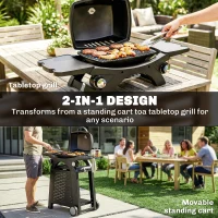 Outsunny 2 Burner Gas Grill with 2 Side Tables, 3.8 KW Barbecue Grill with Cast Iron Grates, 2-in-1 Tabletop BBQ with Wheels(m-4)