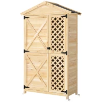 Outsunny Armário Exterior de Madeira com Telhado Inclinado em Asfalto, 2 Portas com Fecho e 2 Prateleiras, 101,5x49x176 cm, Natural(m-11)