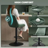 HOMCOM Retro Bar Stools Set of 2, Adjustable Kitchen Stool, Upholstered Bar Chairs with Back, Swivel Seat, Green(m-7)