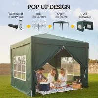 Outsunny 3 x 3m Pop Up Gazebo, Wedding Party Canopy Tent Marquee with Carry Bag and Windows, Green(m-4)