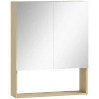 HOMCOM Mueble de baño con espejo, puertas con espejo, estante abierto, montaje en pared, MDF, Spanplatte, Eiche(m-1)
