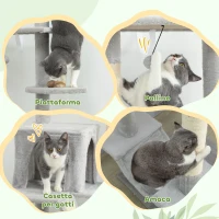 PawHut Albero Tiragraffi a Soffitto con Altezza Regolabile 225-255 cm con Casetta e Amaca, Grigio Chiaro(m-6)