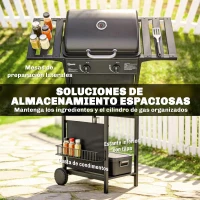 Outsunny Barbacoa de Gas BBQ Gas con 2 Quemadores 5 kW Termómetro Mesas Laterales Estante Rejilla Calentadora 2 Ruedas Negro(m-7)