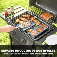 Outsunny Barbacoa de Gas BBQ Gas con 2 Quemadores 5 kW Termómetro Mesas Laterales Estante Rejilla Calentadora 2 Ruedas Negro(m-5)