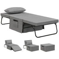 HOMCOM Sillón Cama Tapizado en Lino con Respaldo Ajustable de 5 Niveles Almohada Acolchada 75x80x74 cm Gris(m-10)