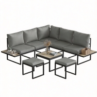 Outsunny Salon de jardin extérieur 6 personnes modulable table basse et plateaux latéraux en bois PSPC coussins épais 10cm gris