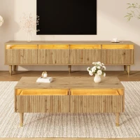 Ensemble de meubles LED moderne, meuble TV avec 4 portes & table basse avec 2 tiroirs, 178x35x45+110x50x40 cm, Couleur naturelle(m-5)
