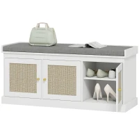 HOMCOM Panca portascarpe 9 paia con 3 ante in rattan e cuscino, 105x35x47 cm, Bianco(m-7)