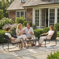 Outsunny Conjunto Jardim de 4 Peças com Sofá de 2 Lugares 2 Poltronas Mesa de Vidro Temperado Tecido Textilene Respirável Cinza Escuro(m-11)