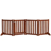 PawHut Barieră de siguranță câine pliabilă dublă față din lemn, 4 panouri cu ușă, picioare de suport, 205 x 60 cm, maro(m-1)