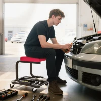 HOMCOM Taburete de mecánico taburete de taller móvil carga 135 kg bandeja herramientas ruedas incluidas 36,5 x 33,5 x 35 cm rojo(m-2)