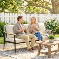 Outsunny 3 Seater Rattan Sofa, Outdoor Garden Sofa with Wood-Effect Armrests, Cushions for Patio, Balcony, Khaki(m-8)