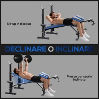 HOMCOM Panca Multiuso con Supporto Bilanciere e Schienale Regolabile, in Acciaio e Plastica, 175x139x127 cm, Nero e Blu(m-6)