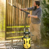 Outsunny 1800W High Pressure Washer, 150 Bar Pressure, 420 L/h Flow, Portable Power Washer Jet Wash Cleaner with Adjustable Nozzle, 6M Hose, Hose Reel, Steel Handle for Home Patio Car Driveway, Yellow(m-2)