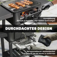 Outsunny Holzkohlegrill BBQ Smoker mit Deckel Thermometer höhenverstellbar Kohlepfanne Kamin Grillrost Seitentisch Aschefach(m-8)