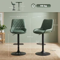 HOMCOM Retro Bar Stools Set of 2, Adjustable Kitchen Stool, Upholstered Bar Chairs with Back, Swivel Seat, Green(m-3)