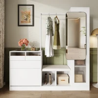 Set da Ingresso a LED con appendiabiti, tavolino, panca scarpiera e vetrina, 163x35x161 cm, Bianco(m-1)