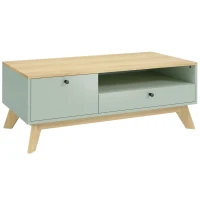 HOMCOM Mesa de centro para salón, mesa auxiliar rectangular con cajón, puerta y compartimento abierto, verde claro y roble(m-1)