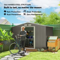 Outsunny 9 x 6FT Outdoor Garden Roofed Metal Storage Shed Tool Box with Foundation Ventilation & Doors Light, Grey(m-4)