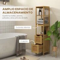 kleankin Armario Alto para Baño con 3 Estantes y 2 Cajones de Bambú Estilo Moderno 30x30x144,3 cm Natural(m-4)