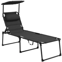 Outsunny Lettino pieghevole con parasole e poggiatesta, 70x200x45 cm, Nero(m-8)