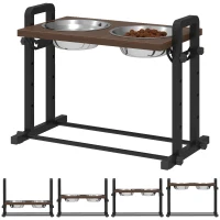 PawHut Comedero elevado para perros, soporte con 4 alturas ajustables, 2 x 1,2 L cuencos de acero inoxidable, 3 ángulos ajustables, Marrón(m-6)