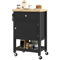 HOMCOM Carrito de cocina con ruedas, carro de servicio, encimera de madera de hévea, cajón, 63,5 x 40 x 90 cm, negro(m-8)