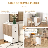 HOMCOM Table de cuisine pliable table à manger pliante 2 plateaux rabattables avec 2 tiroirs 1 placard blanc et chêne(m-5)