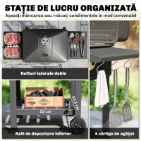 Outsunny Grătar pe Cărbune, Afumător Portabil cu Ventilație, Termometru și Rafturi Laterale, Negru(m-7)