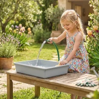 AIYAPLAY Tavolo Gioco Sabbia e Acqua per Bambini 3 a 8 Anni, Tavolo per Giochi con Scorrimento d'Acqua e 2 Vasche, in Legno, Grigio(m-5)