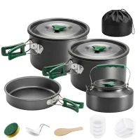Outsunny Camping kookset 5-delig outdoor serviesset met anti-verbrandingsgrepen pan koekenpan voor 4-5 personen grijs(m-1)