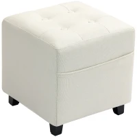 HOMCOM Fußhocker für Wohnzimmer, Ottoman, gepolsterter Sitz mit Steppung in Leinenoptik mit Seitentasche, 35 x 35 x 35 cm, Creme(m-8)