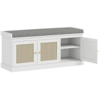 HOMCOM Panca portascarpe 9 paia con 3 ante in rattan e cuscino, 105x35x47 cm, Bianco(m-1)