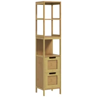 kleankin Armario Alto para Baño con 3 Estantes y 2 Cajones de Bambú Estilo Moderno 30x30x144,3 cm Natural(m-1)
