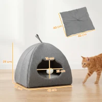 PawHut Cat Cave Bed for Indoor Kittens, Cat House with Removable Cushion and Teaser Ball, Kitty Igloo with Anti-Slip Base, 42 x 42 x 39 cm, Grey(m-3)