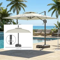 Outsunny Ombrellone a Braccio Quadrato 2,5x2,5 m, Ombrellone da Giardino Esterno Inclinabile con Doppio Telo, 2 Basi e Manovella, Crema(m-3)