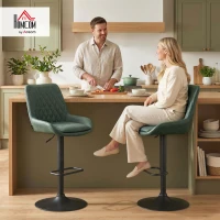 HOMCOM Retro Bar Stools Set of 2, Adjustable Kitchen Stool, Upholstered Bar Chairs with Back, Swivel Seat, Green(m-10)