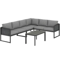 Outsunny 6 Seater Metal Garden Furniture Corner Sofa Set with 3 Loveseats, Faux Wood Table, Texteline Seat, Cushions, Dark Grey(m-1)