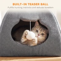 PawHut Cat Cave Bed for Indoor Kittens, Cat House with Removable Cushion and Teaser Ball, Kitty Igloo with Anti-Slip Base, 42 x 42 x 39 cm, Grey(m-5)