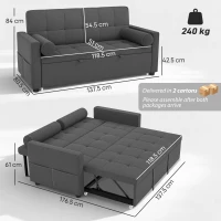 HOMCOM Divano letto 2 posti 3 in 1 con letto estraibile e 2 cuscini, 80,5x137,5x84 cm, Grigio(m-3)
