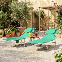 Outsunny 5-Position Adjustable Sun Loungers Set of 2 with Reading Hole and Side Pocket, Green(m-9)
