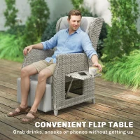 Outsunny Rattan Garden Recliner Chair, Reclining Garden Chair with Adjustable Back and Footrest, Flip Table, Cushion, Light Grey(m-8)