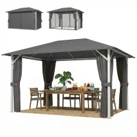 Outsunny Gazebo da Giardino 4x3m Impermeabile e Stabile, con Zanzariera, 4 Pannelli Laterali, Ventilazione e Fori di Drenaggio, Grigio Scuro(m-6)