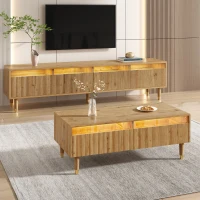 Ensemble de meubles LED moderne, meuble TV avec 4 portes & table basse avec 2 tiroirs, 178x35x45+110x50x40 cm, Couleur naturelle(m-1)