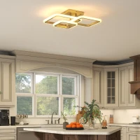 HOMCOM Lámpara de techo LED 40W 4300 lm 3500K/4500K/6000K Lámpara de techo 3 anillos cuadrados para salón, 48 x 46 x 13 cm, dorado(m-4)