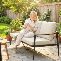 Outsunny 3 Seater Rattan Sofa, Outdoor Garden Sofa with Wood-Effect Armrests, Cushions for Patio, Balcony, Khaki(m-9)