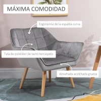HOMCOM Butaca de Salón Moderna Tapizado en Terciopelo con Patas de Madera Sillón Relax para Sala de Estar Gris(m-4)