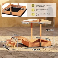 AIYAPLAY Sabbiera per Bambini 3 a 8 Anni in Legno con Tendalino Regolabile, Tavolo da Picnic e Panchine, 184x110x120 cm, Marrone(m-3)