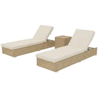 Outsunny Rattan Sun Loungers Set of 2 with Side Table, Garden Recliner Sunbeds with Adjustable Back, Cushions, Beige(m-11)